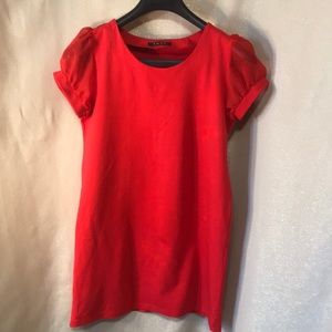 Size medium red dress with sheer capped sleeves.